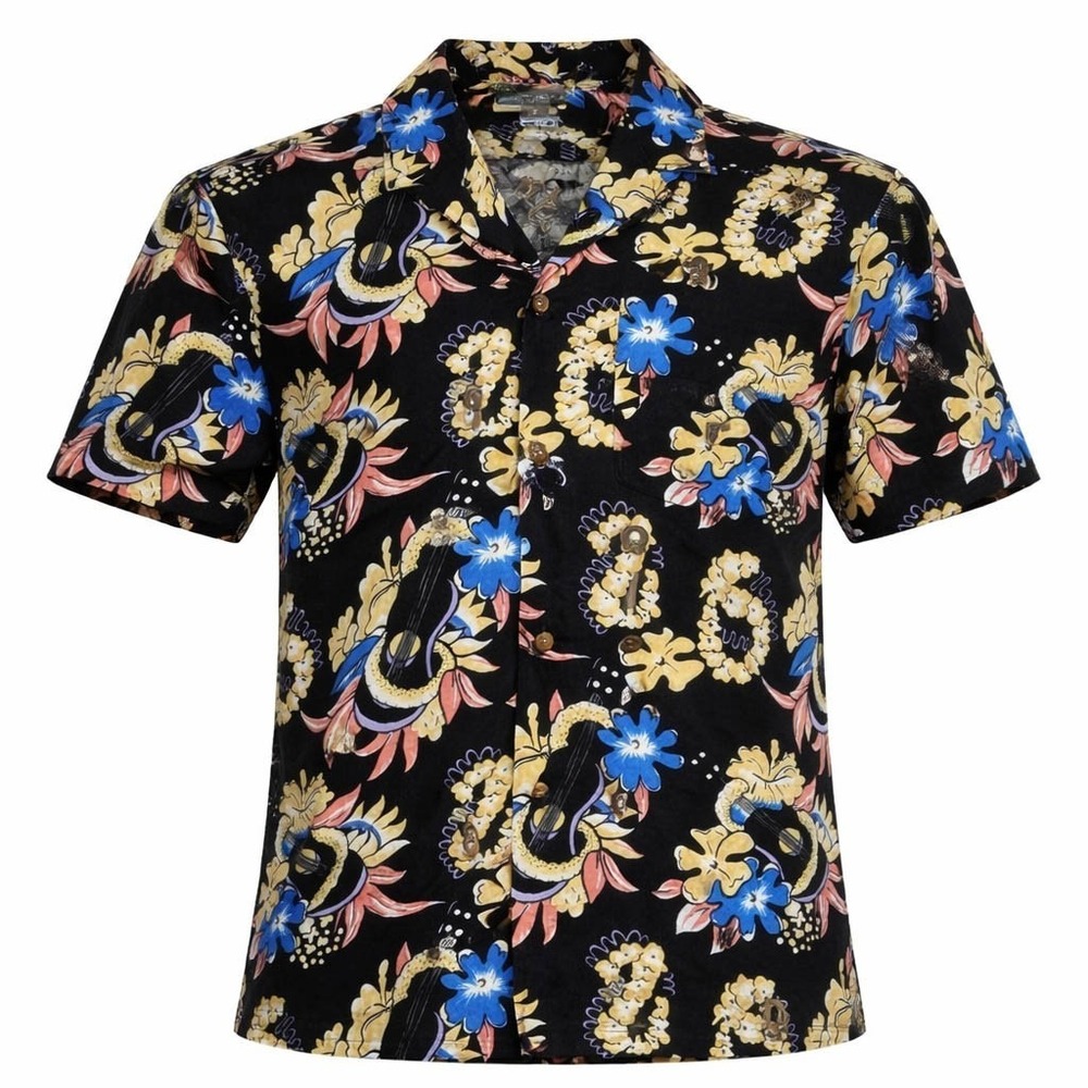 Paradise Found Hawaiian Aloha‎ Shirt Vintage Medium Leis Floral Ukuleles